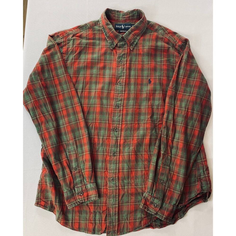 Ralph Lauren Mens Custom Fit Red Green Plaid Long Sleeve Button Down Shirt XL